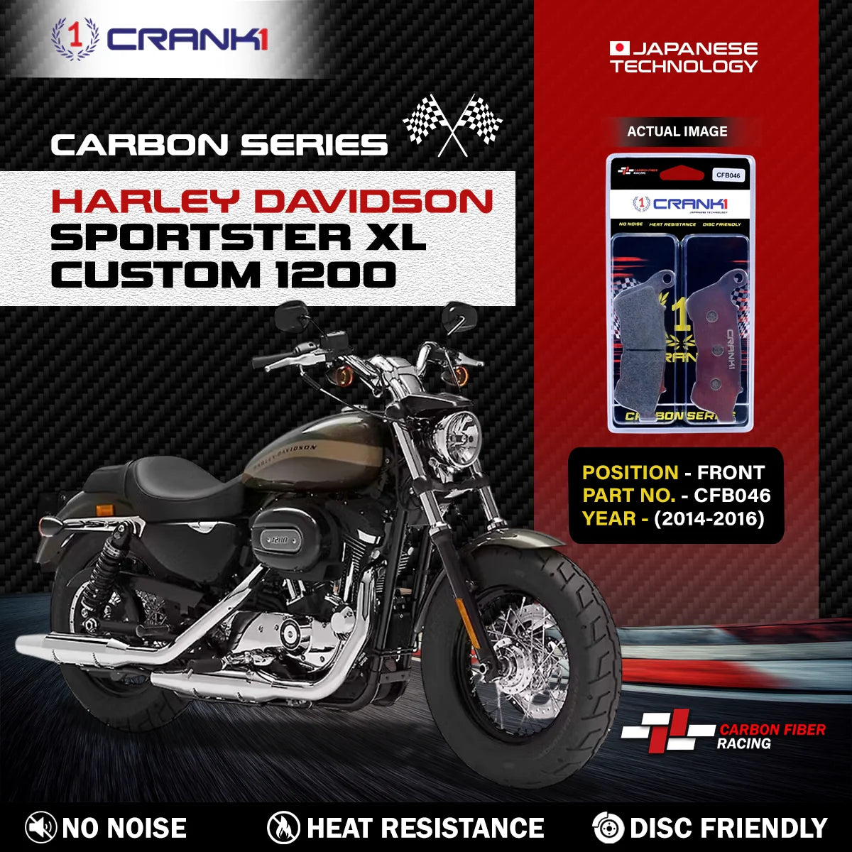 CRANK1 CFB046 carbon front brake pads for Harley Sportster XL Custom 1200 2014-2016