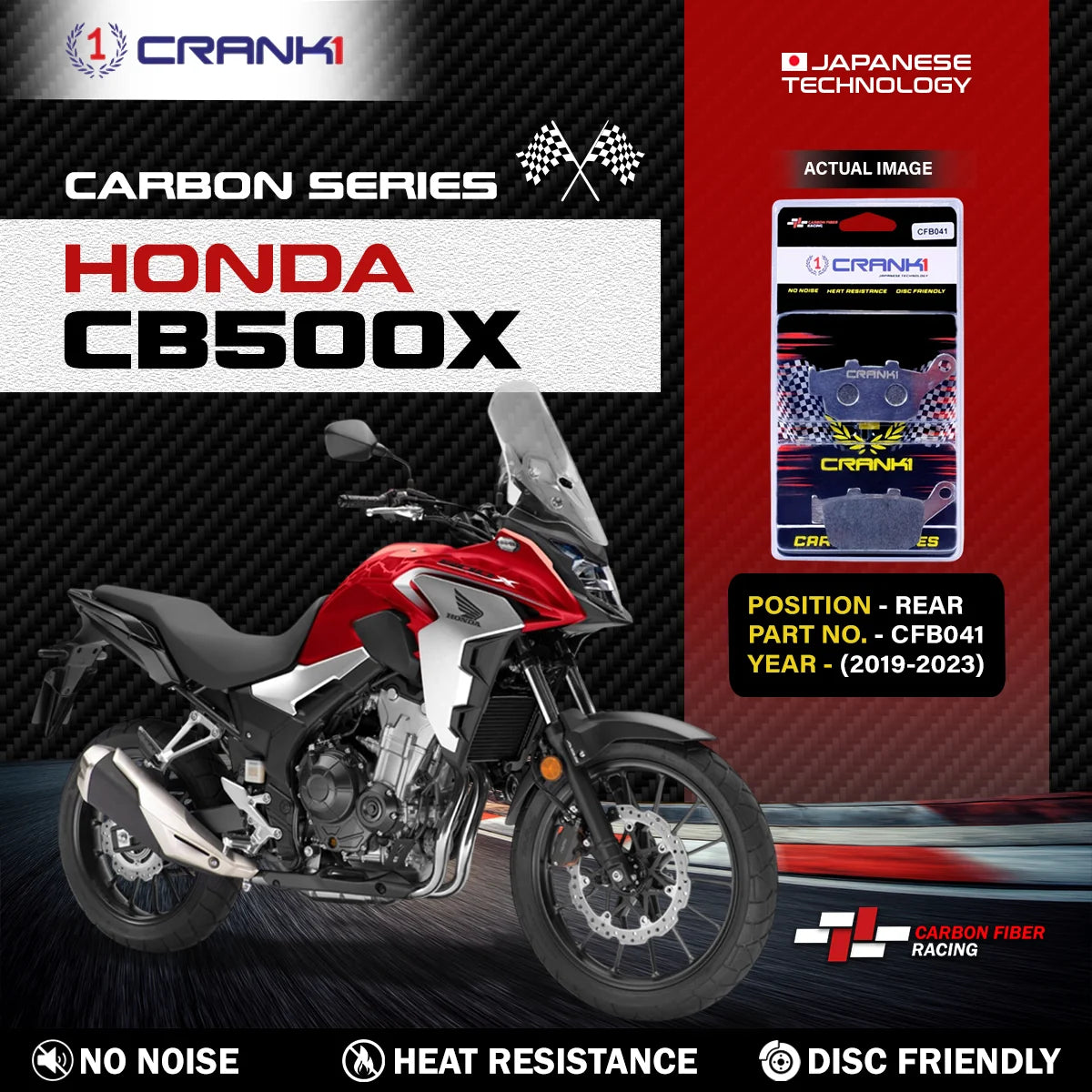 CRANK1 CFB041 carbon rear brake pads for Honda CB500X 2019–2023