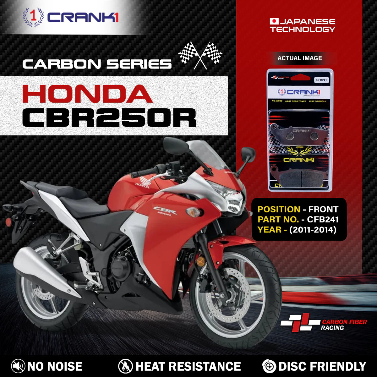 CRANK1 CFB241 carbon front brake pads for Honda CBR250R 2011-2014