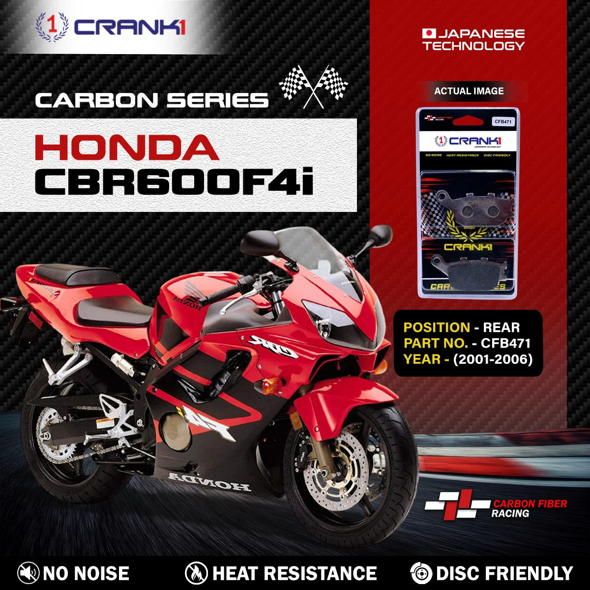 CRANK1 CFB471 carbon rear brake pads for Honda CBR600F4i 2001-2006