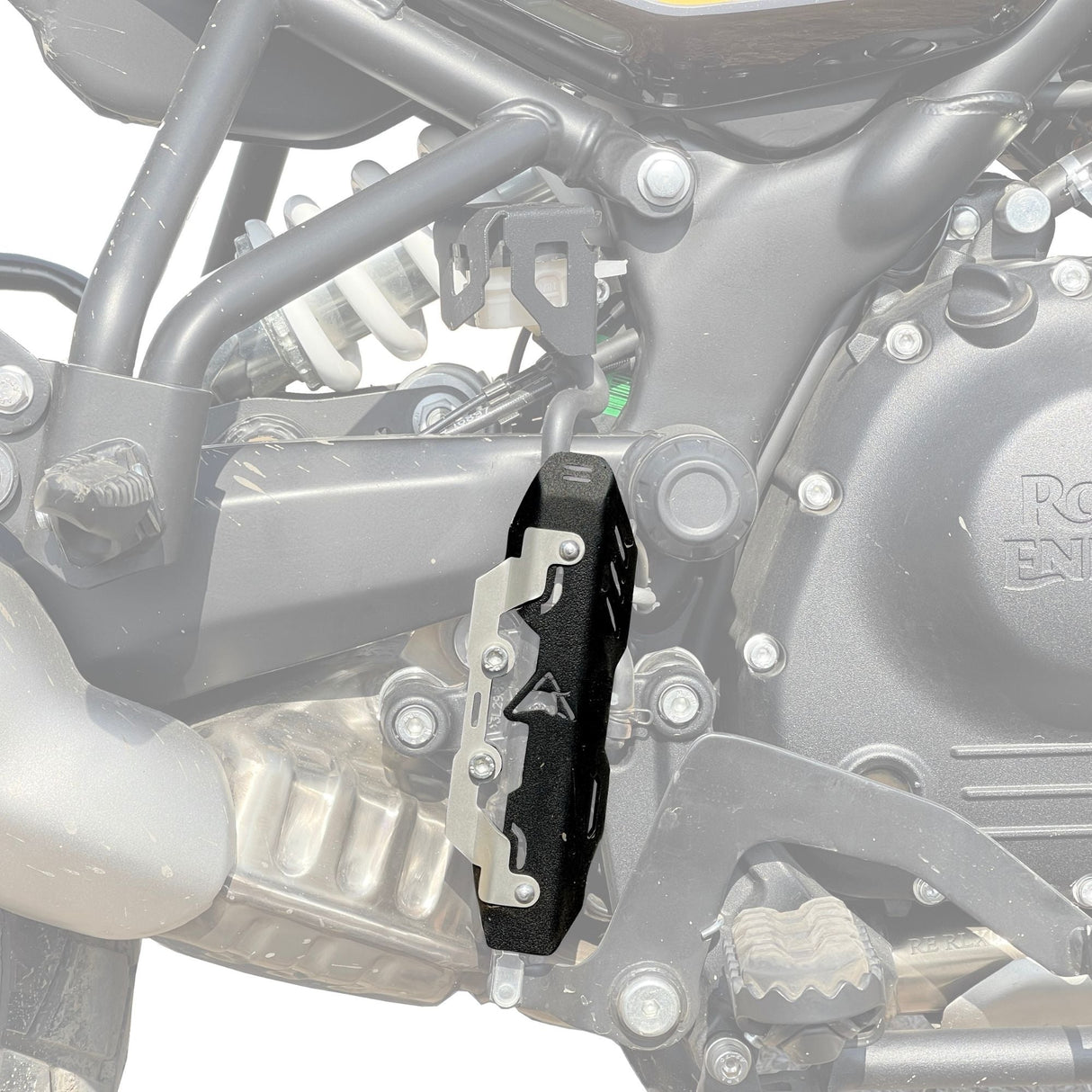 Auto Engina Master Cylinder Guard for Royal Enfield Himalayan 450 in textured matte black with stainless steel detailing