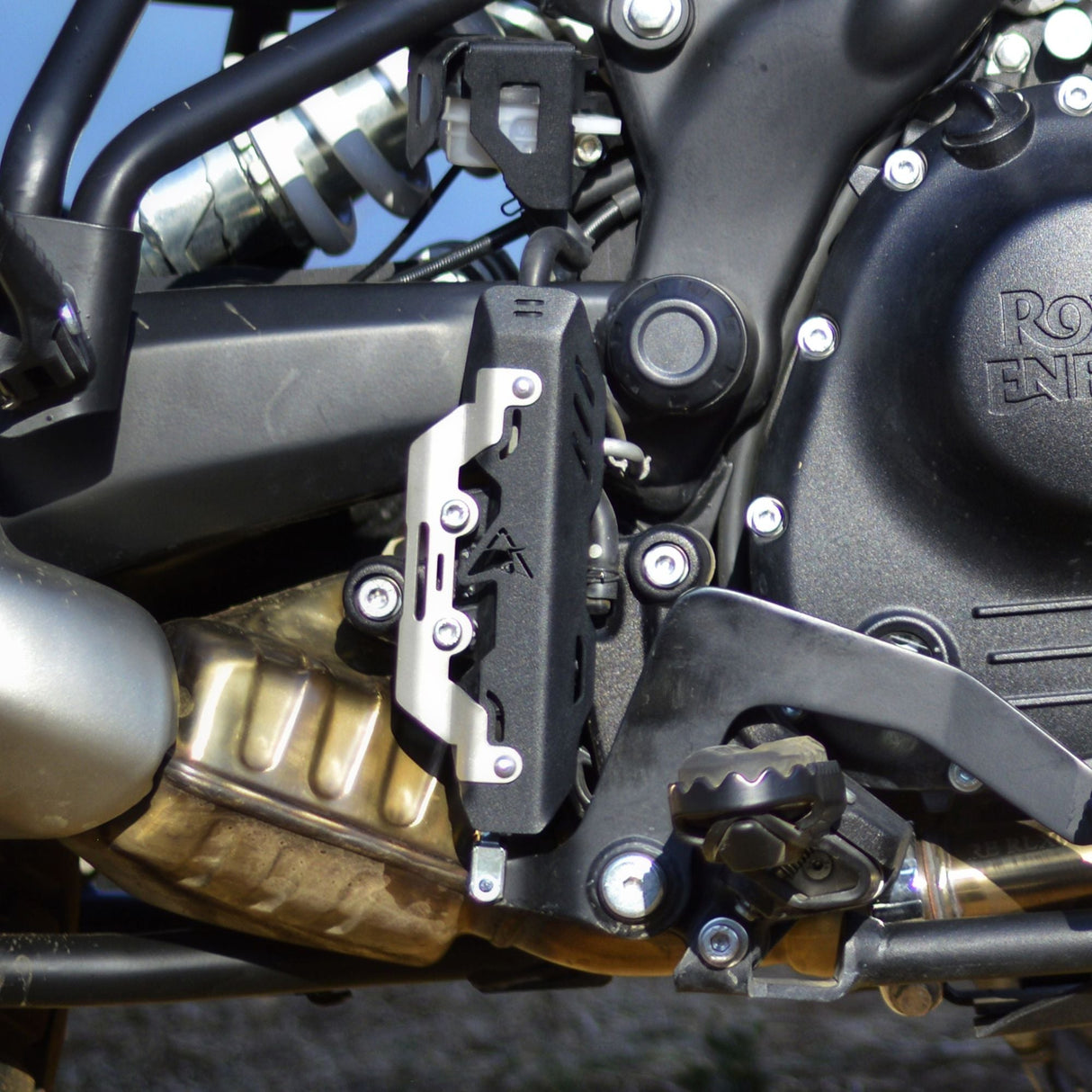 Auto Engina Master Cylinder Guard for Royal Enfield Himalayan 450 in textured matte black with stainless steel detailing
