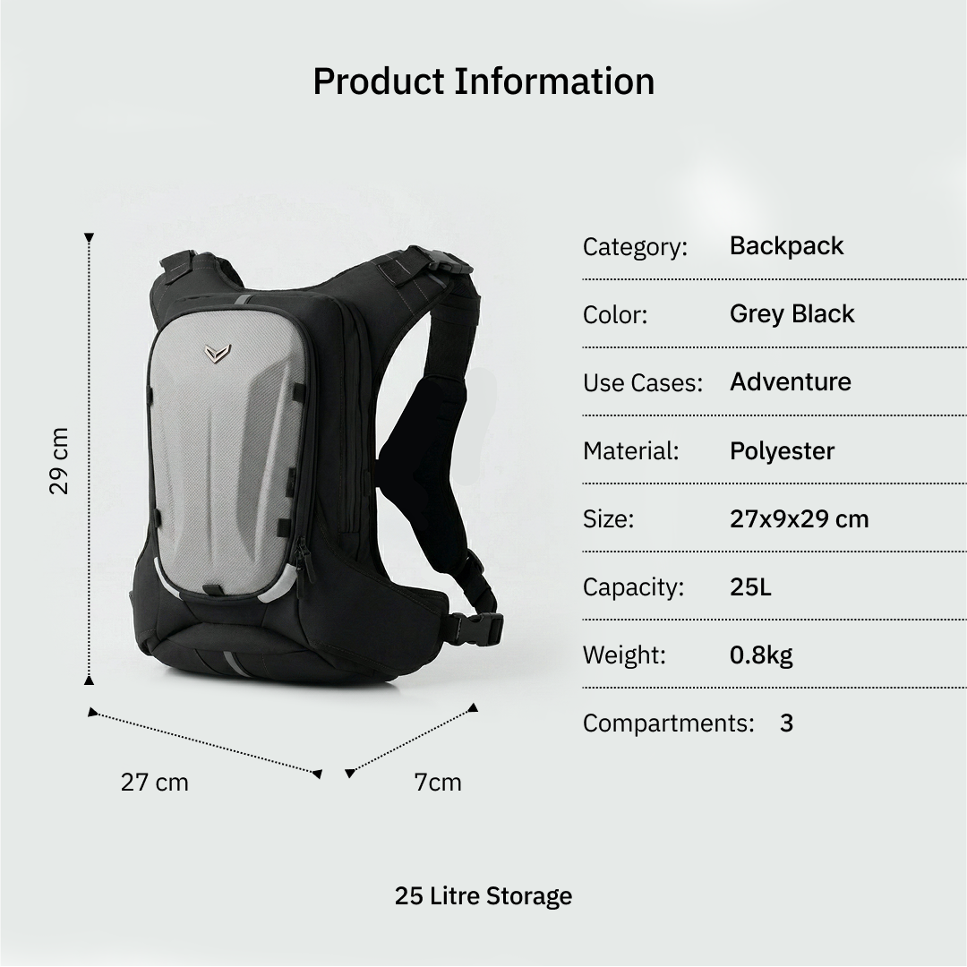 Vantora Prime 25L Backpack with 2L Hydration Bladder – Adventure and Motorcycle Backpack with Hydration System