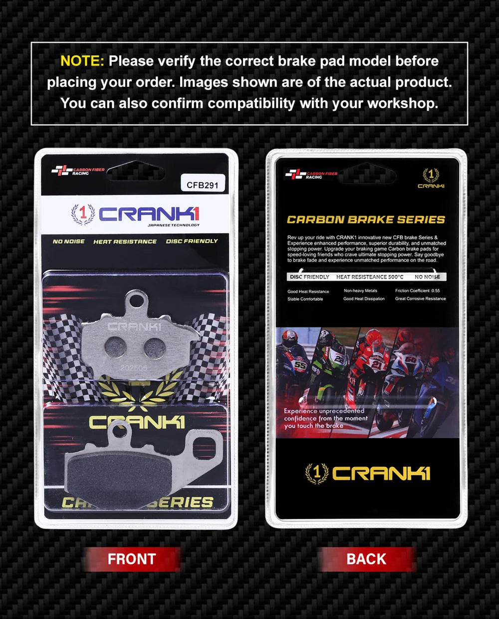 CRANK1 CFB291 carbon rear brake pads for Kawasaki Ninja 1000 2020 motorcycle