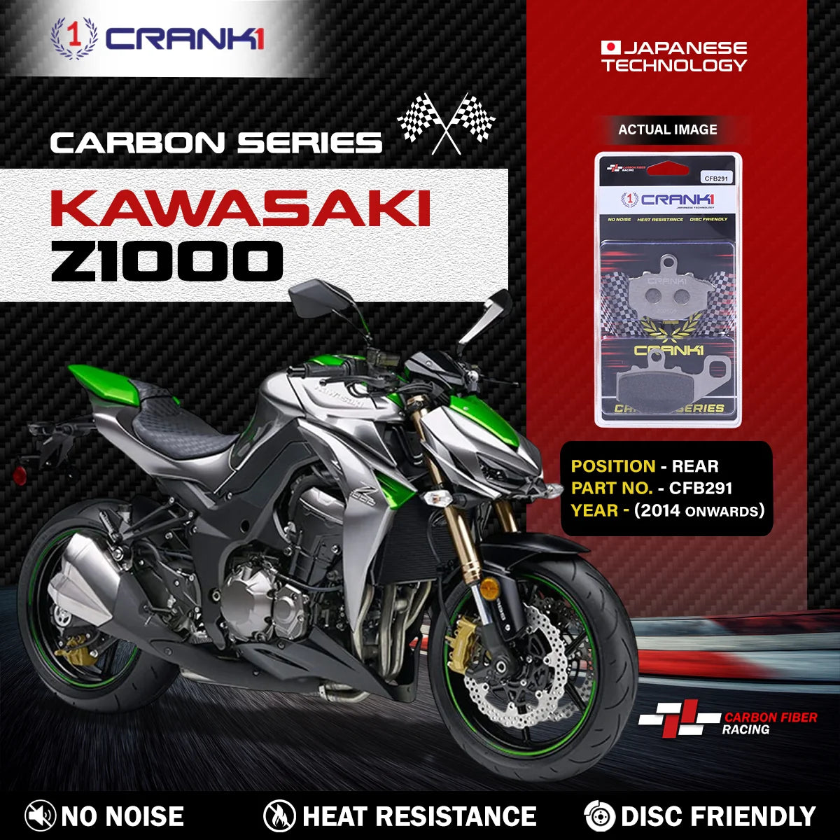 CRANK1 CFB291 carbon rear brake pads for Kawasaki Z1000 motorcycle
