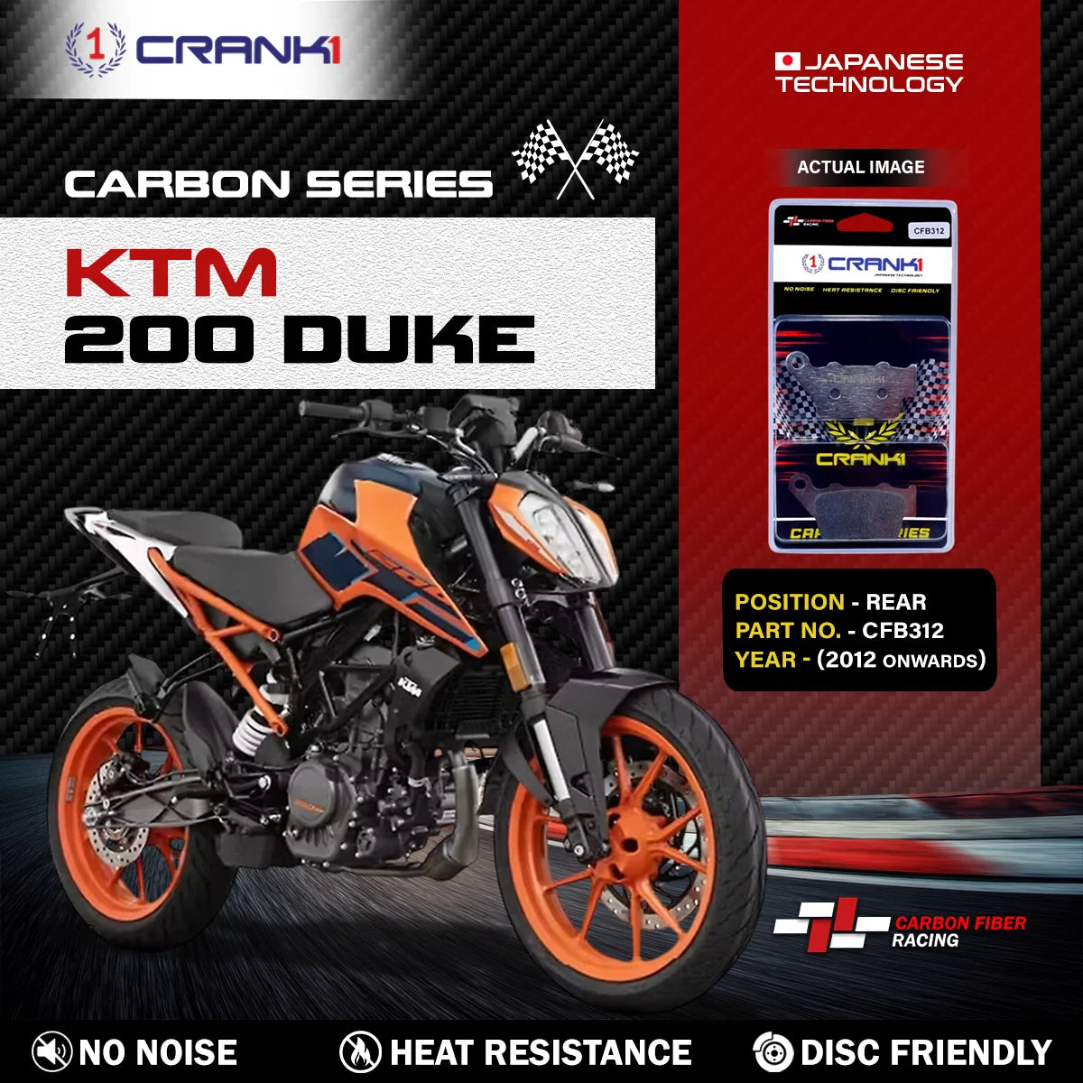 CRANK1 CFB312 Carbon Rear Brake Pads for KTM 200 Duke