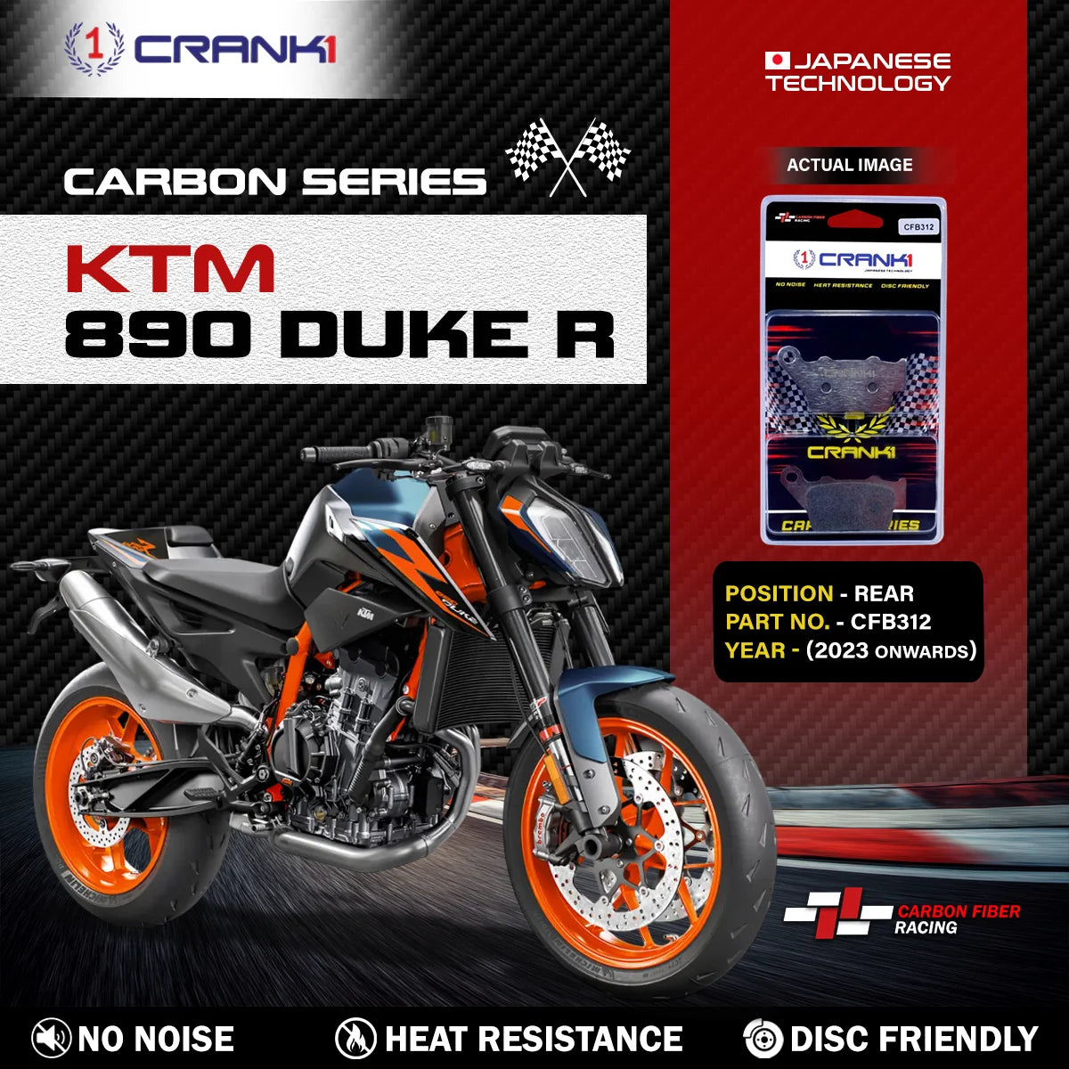 CRANK1 CFB312 Carbon Rear Brake Pads for KTM 890 Duke R
