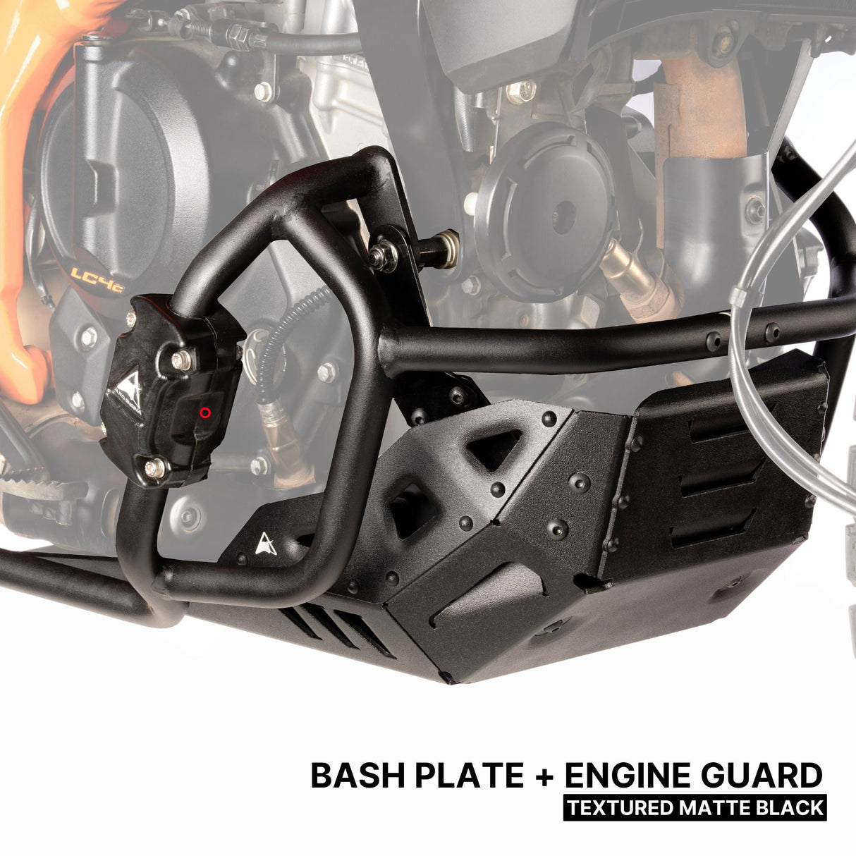 Auto Engina Bash Plate and Engine Guard Combo for 2026 KTM 390 Enduro R in Texture Black and Gloss Black with complete engine and underbody protection