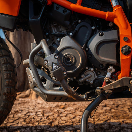 Auto Engina Bash Plate and Engine Guard Combo for 2026 KTM 390 Enduro R in Texture Black and Gloss Black with complete engine and underbody protection