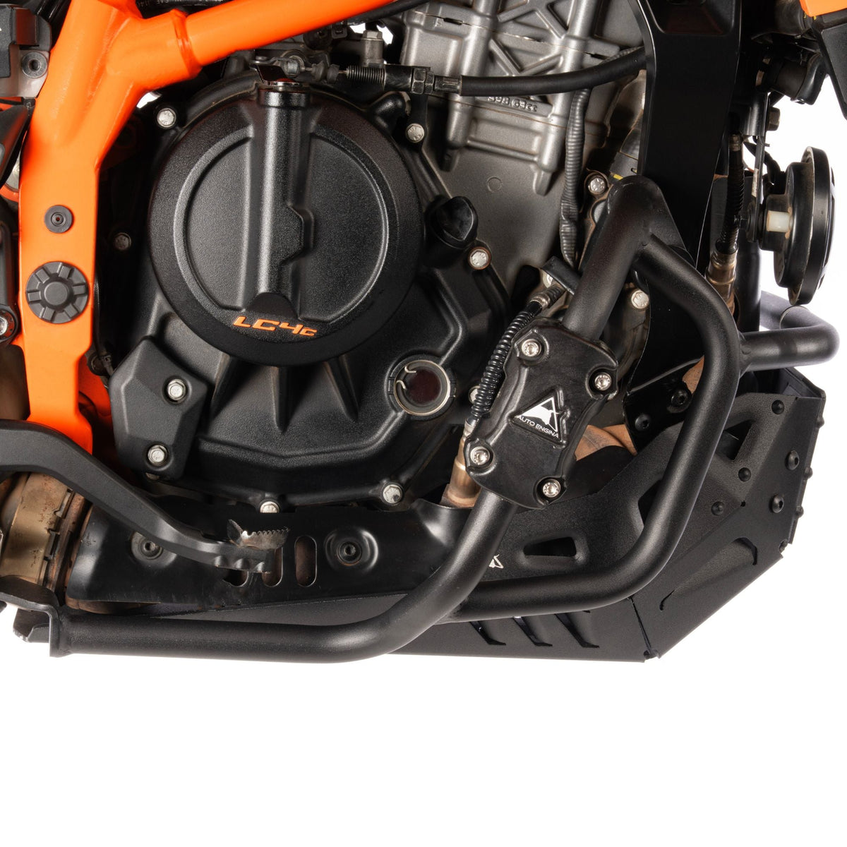 Auto Engina Bash Plate and Engine Guard Combo for 2026 KTM 390 Enduro R in Texture Black and Gloss Black with complete engine and underbody protection