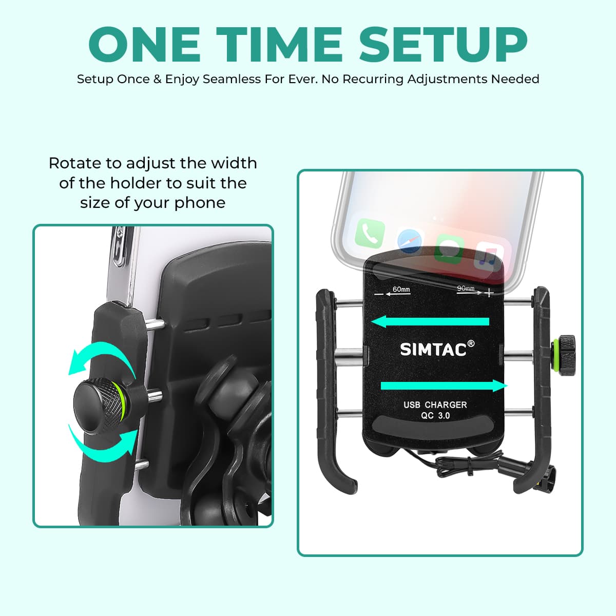 Simtac MHC3-PRO Super Grip motorcycle mobile holder with QC 3.0 USB-A charger
