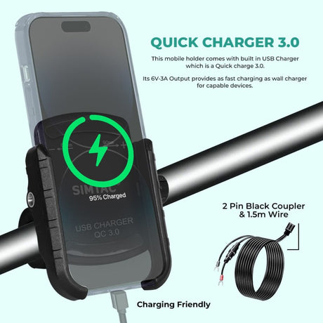 Simtac MHC3-PRO Super Grip motorcycle mobile holder with QC 3.0 USB-A charger