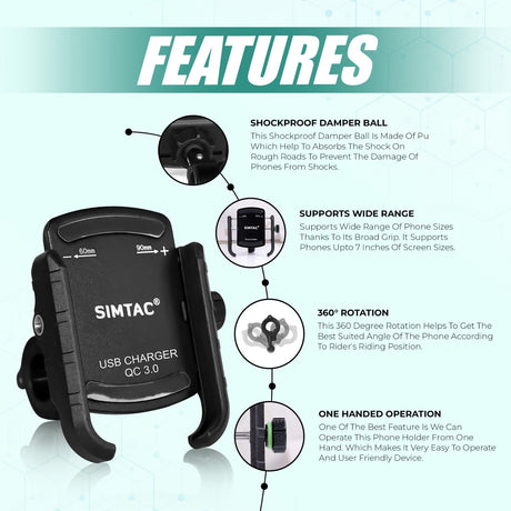 Simtac MHC3 Super Grip motorcycle mobile holder with QC 3.0 charger