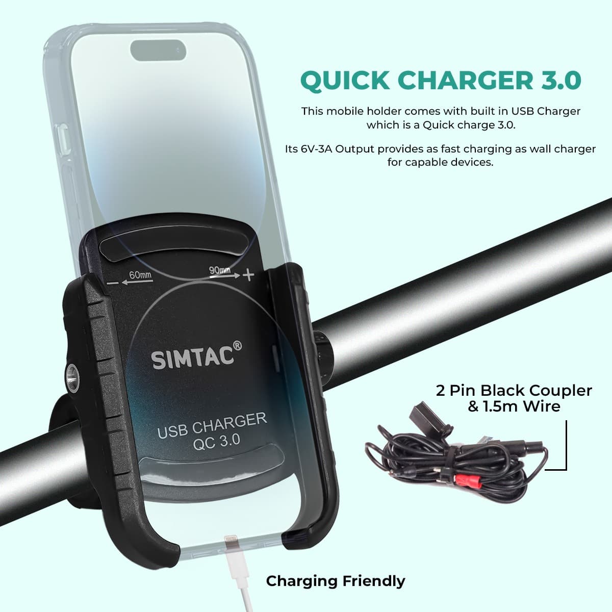 Simtac MHC3 Super Grip motorcycle mobile holder with QC 3.0 charger