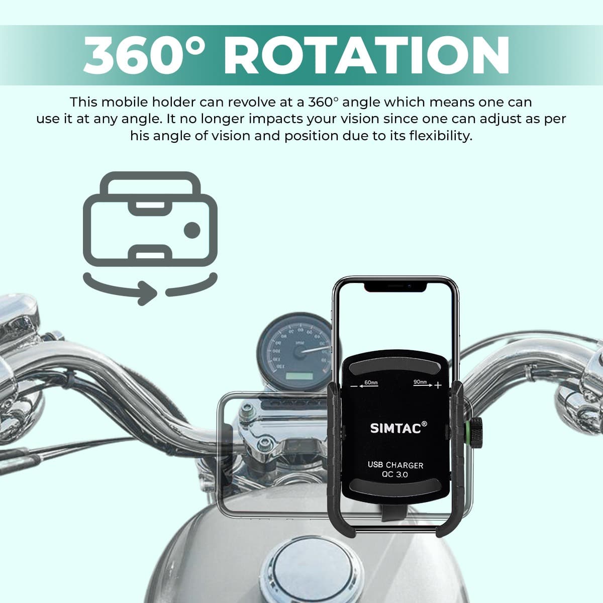 Simtac MHC3 Super Grip motorcycle mobile holder with QC 3.0 charger