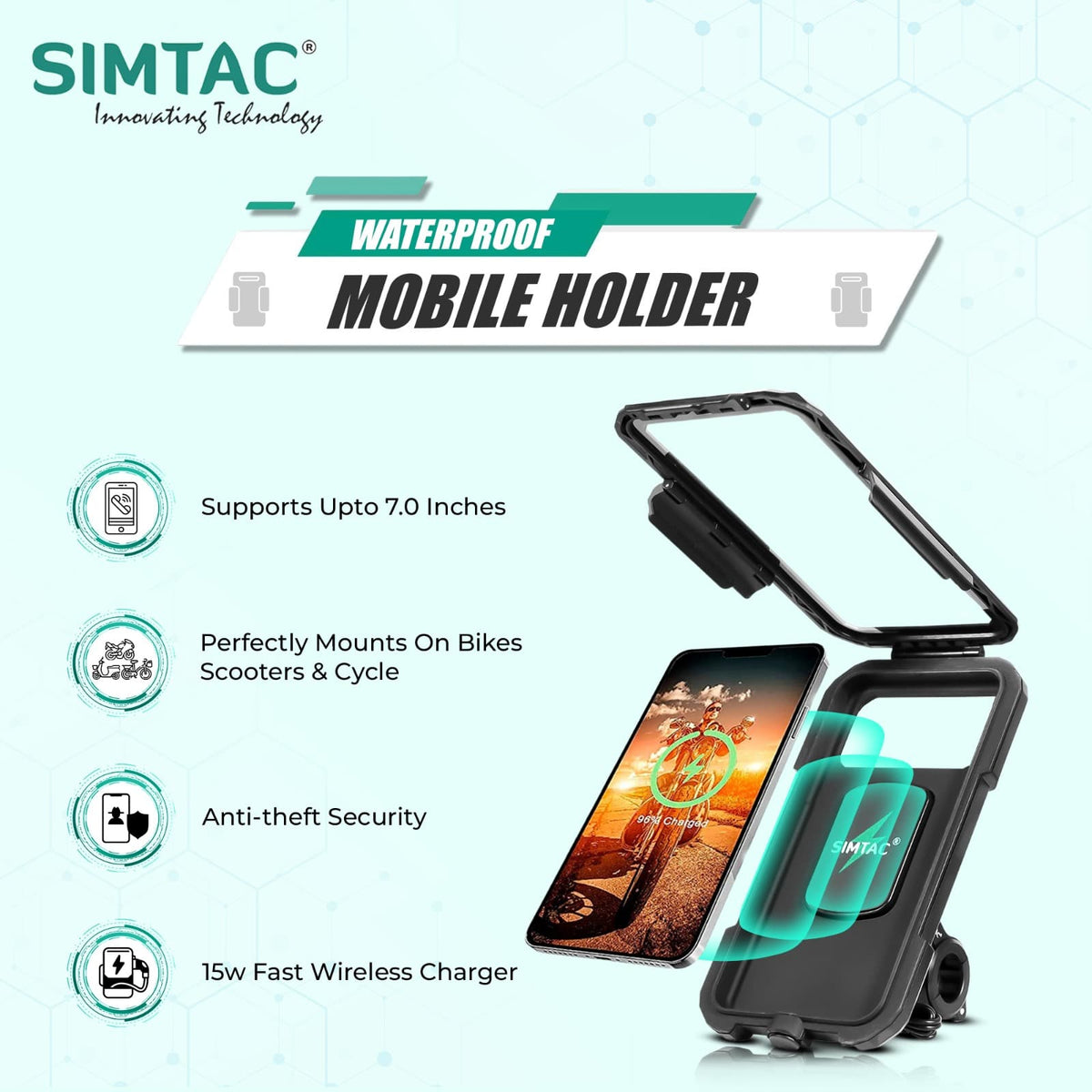 Simtac MHWPWC-15C waterproof wireless charging bike mobile holder