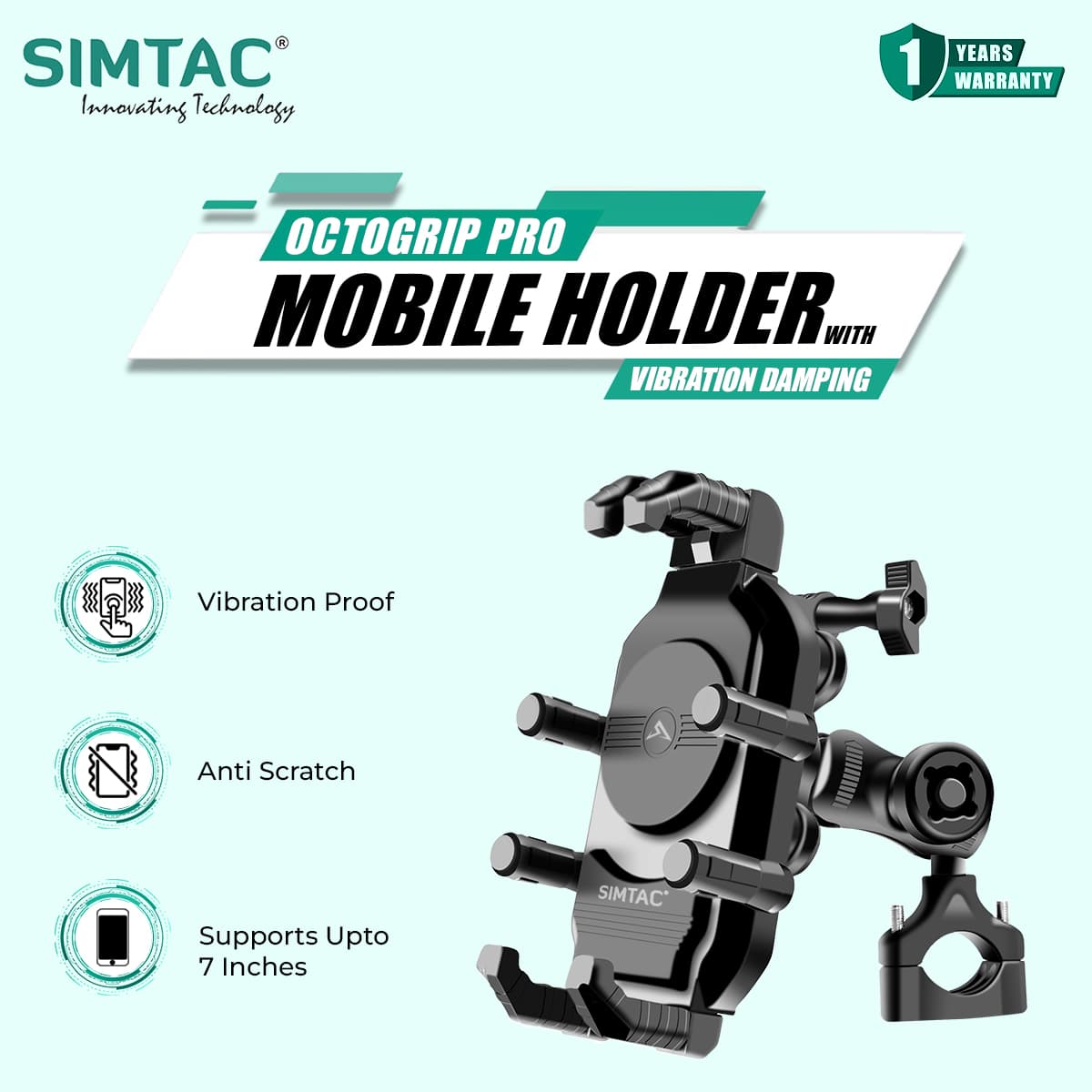 Simtac MH03-PRO Octo Grip motorcycle mobile holder with vibration damper
