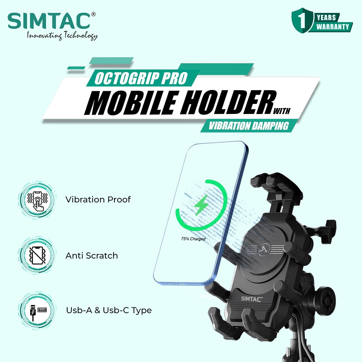 Simtac MH03WC-PRO Octo Grip wireless charging motorcycle mobile holder