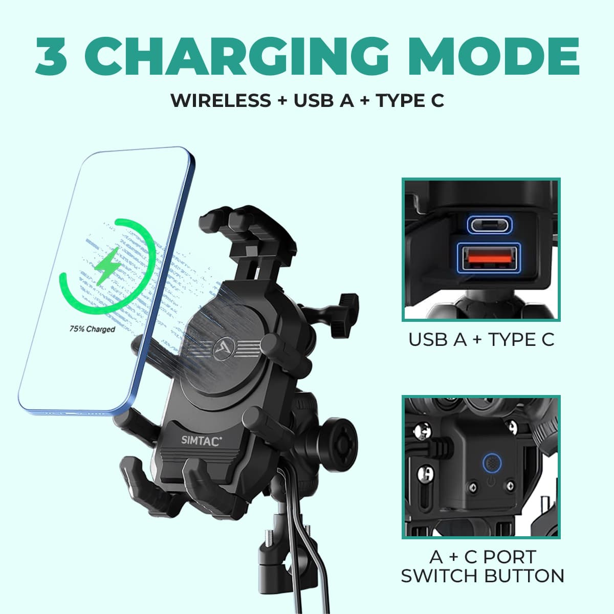 Simtac MH03WC-PRO Octo Grip wireless charging motorcycle mobile holder