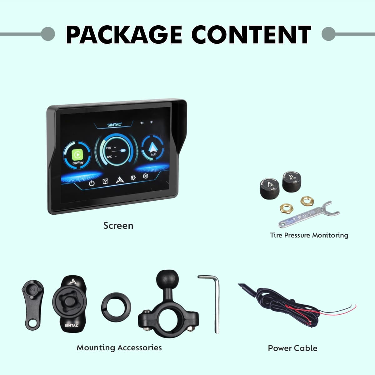 SIMTAC M2 Motorcycle GPS Navigation Display with Wireless Apple CarPlay Android Auto Bluetooth and IP67 Waterproof Touchscreen