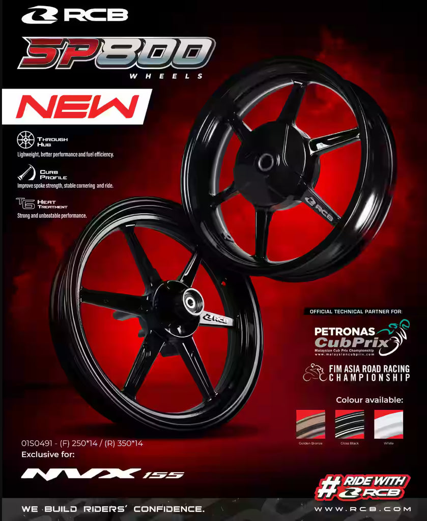 RCB SP800 alloy sport rim for Yamaha Aerox 155, part number 01S0491, featuring a sporty spoke design and available colour options including Black and Gold.

