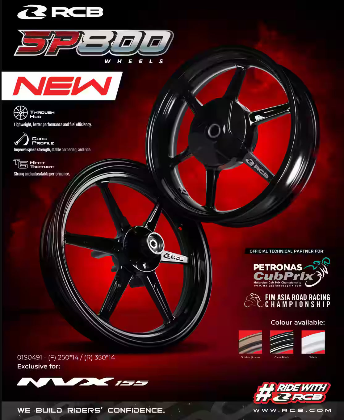 RCB SP800 alloy sport rim for Yamaha Aerox 155, part number 01S0491, featuring a sporty spoke design and available colour options including Black and Gold.

