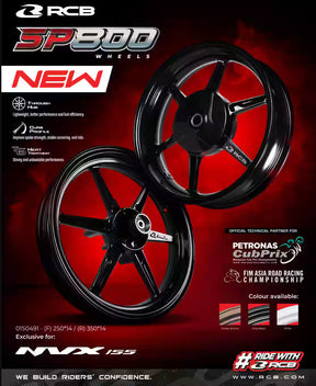 RCB SP800 alloy sport rim for Yamaha Aerox 155, part number 01S0491, featuring a sporty spoke design and available colour options including Black and Gold.

