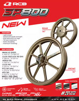 RCB SP800 alloy sport rim for Yamaha Aerox 155, part number 01S0491, featuring a sporty spoke design and available colour options including Black and Gold.

