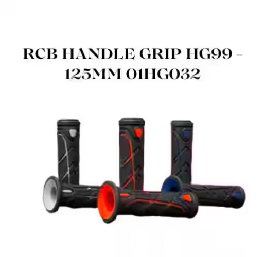 RCB HG99 125mm two-tone motorcycle handle grips in Black/Blue 01HG032A, Black/Grey 01HG032J and Black/Red 01HG032R with dual-surface rubber texture.