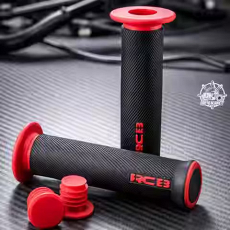 RCB HG66 2-Tone Rubber Motorcycle Handle Grip Set in Grey, Red and Blue, models 01HG028J, 01HG028R and 01HG028A, with anti-slip diamond pattern for compatible 22mm handlebars.