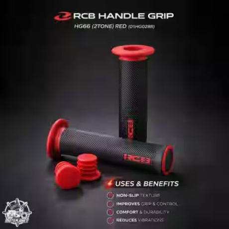 RCB HG66 2-Tone Rubber Motorcycle Handle Grip Set in Grey, Red and Blue, models 01HG028J, 01HG028R and 01HG028A, with anti-slip diamond pattern for compatible 22mm handlebars.