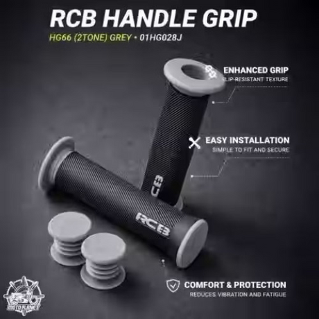 RCB HG66 2-Tone Rubber Motorcycle Handle Grip Set in Grey, Red and Blue, models 01HG028J, 01HG028R and 01HG028A, with anti-slip diamond pattern for compatible 22mm handlebars.