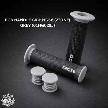 RCB HG66 2-Tone Rubber Motorcycle Handle Grip Set in Grey, Red and Blue, models 01HG028J, 01HG028R and 01HG028A, with anti-slip diamond pattern for compatible 22mm handlebars.