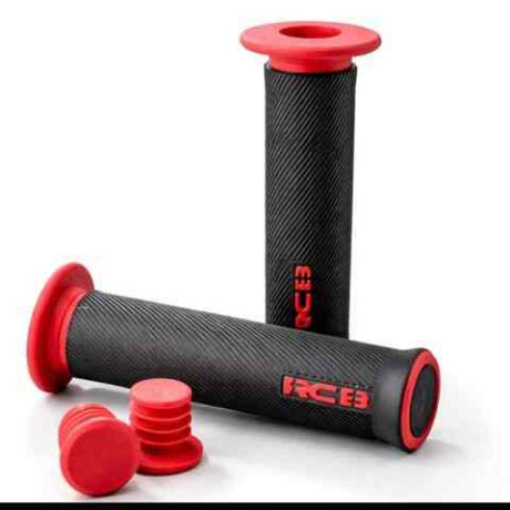 RCB HG66 2-Tone Rubber Motorcycle Handle Grip Set in Grey, Red and Blue, models 01HG028J, 01HG028R and 01HG028A, with anti-slip diamond pattern for compatible 22mm handlebars.
