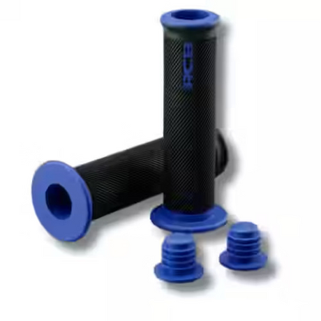 RCB HG66 2-Tone Rubber Motorcycle Handle Grip Set in Grey, Red and Blue, models 01HG028J, 01HG028R and 01HG028A, with anti-slip diamond pattern for compatible 22mm handlebars.
