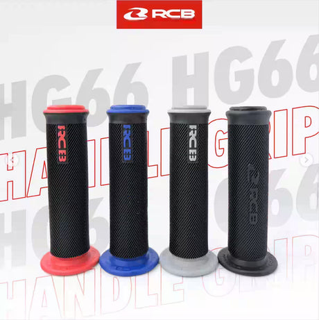 RCB HG66 2-Tone Rubber Motorcycle Handle Grip Set in Grey, Red and Blue, models 01HG028J, 01HG028R and 01HG028A, with anti-slip diamond pattern for compatible 22mm handlebars.