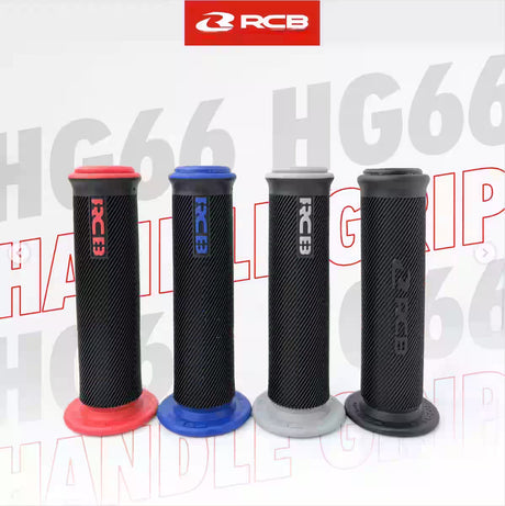 RCB HG66 rubber motorcycle handle grip set with anti-slip honeycomb or diamond-grid texture, available in Blue, Red and Grey for compatible 22mm handlebars.
