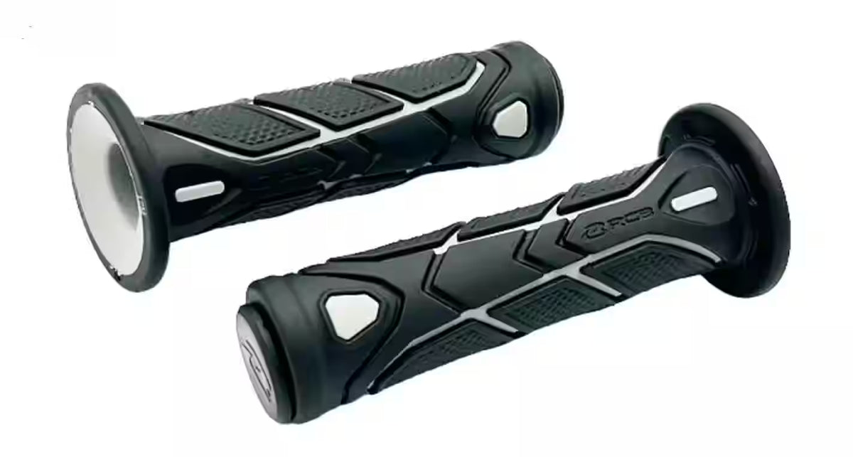 RCB HG99 125mm two-tone motorcycle handle grips in Black/Blue 01HG032A, Black/Grey 01HG032J and Black/Red 01HG032R with dual-surface rubber texture.