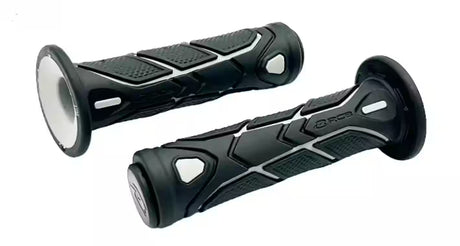 RCB HG99 125mm two-tone motorcycle handle grips in Black/Blue 01HG032A, Black/Grey 01HG032J and Black/Red 01HG032R with dual-surface rubber texture.