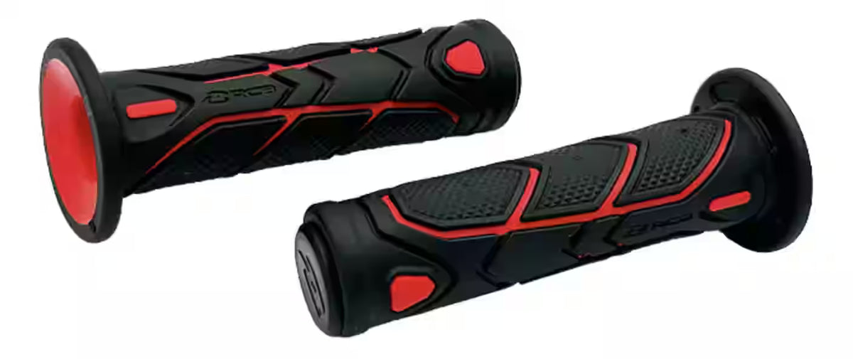 RCB HG99 125mm two-tone motorcycle handle grips in Black/Blue 01HG032A, Black/Grey 01HG032J and Black/Red 01HG032R with dual-surface rubber texture.