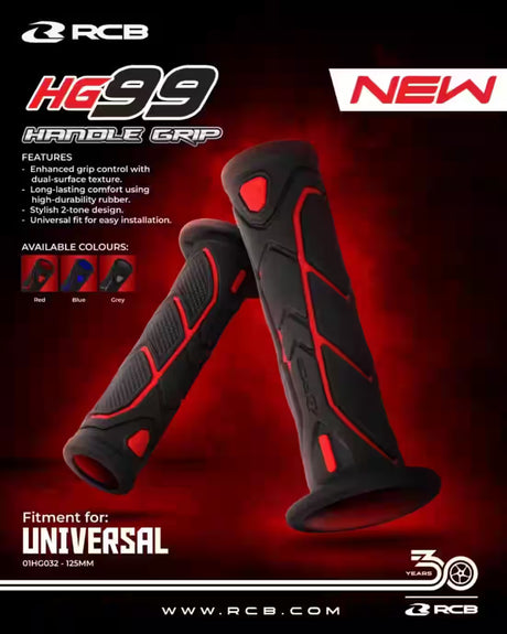 RCB HG99 125mm two-tone motorcycle handle grips in Black/Blue 01HG032A, Black/Grey 01HG032J and Black/Red 01HG032R with dual-surface rubber texture.