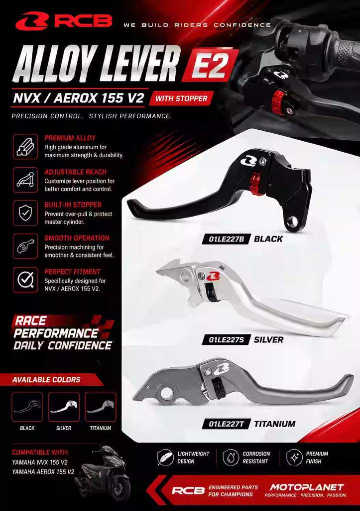 RCB E2 alloy levers with stopper for Yamaha Aerox 155 V2 in Black, Silver and Titanium
