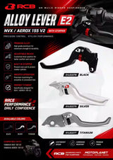RCB E2 alloy levers with stopper for Yamaha Aerox 155 V2 in Black, Silver and Titanium