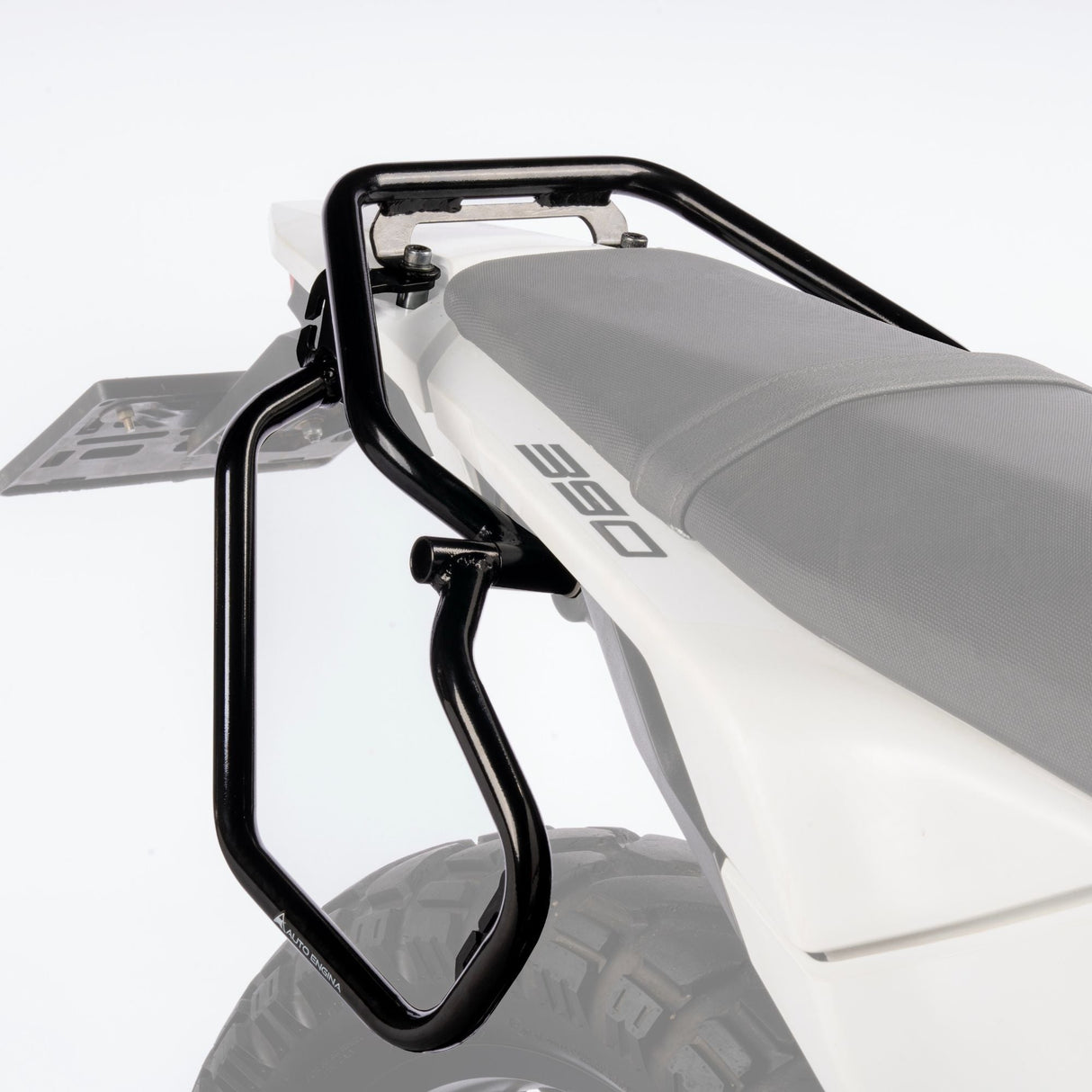 Auto Engina Saddle Stay and Grab Bar for 2026 KTM 390 Enduro R in Gloss Black with soft luggage and saddle bag support