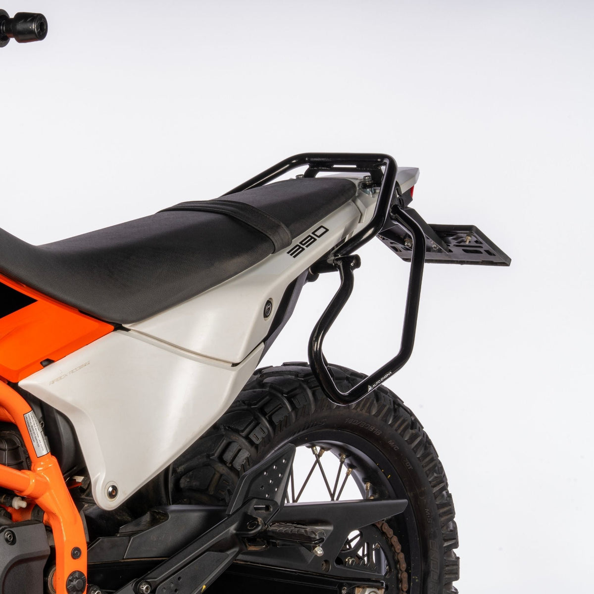 Auto Engina Saddle Stay and Grab Bar for 2026 KTM 390 Enduro R in Gloss Black with soft luggage and saddle bag support