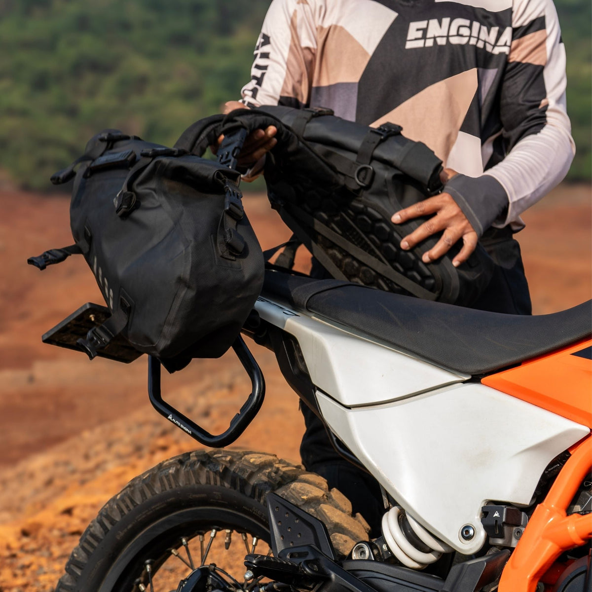 Auto Engina Saddle Stay and Grab Bar for 2026 KTM 390 Enduro R in Gloss Black with soft luggage and saddle bag support