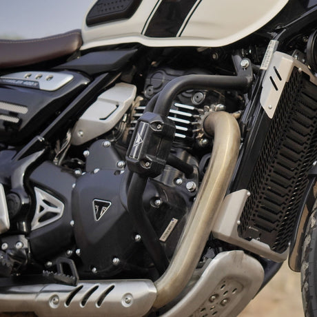 Auto Engina textured black crash guard with built-in sliders for Triumph Scrambler 400X motorcycle