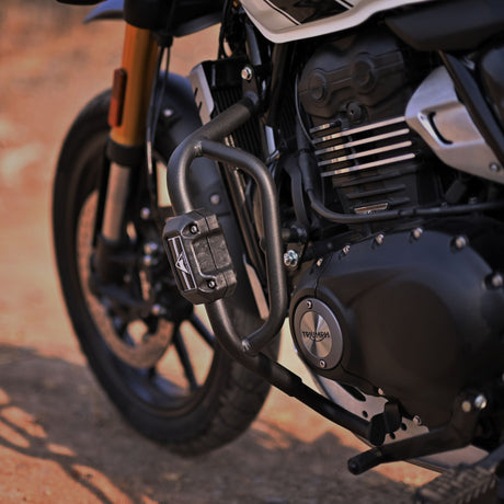 Auto Engina textured black crash guard with built-in sliders for Triumph Scrambler 400X motorcycle