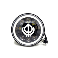 7 Inch Round Headlight Compatible with Royal Enfield, Jeep & Harley Davidson (Khanda DRL) (12V-80V 75W)