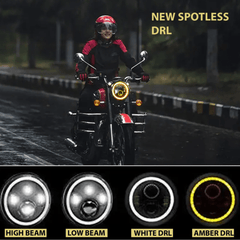 HJG 7 Inch LED Headlight with Spotless and Bright DRL Fits in Royal Enfield (All Model) And Mahindra Thar (12V-80V DC 75w)